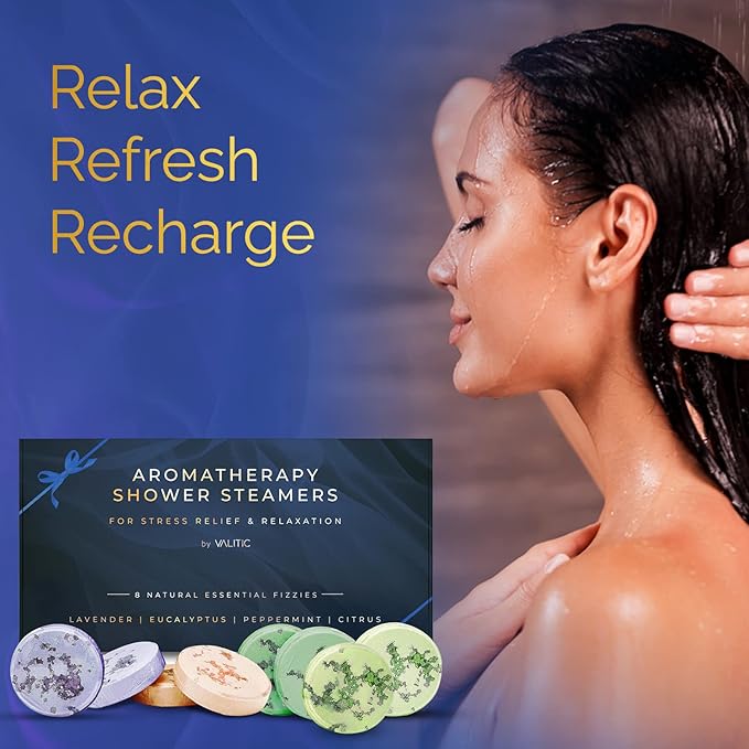 Valitic Aromatherapy Shower Steamers for Stress Relief and Relaxation - Gifts for Women Mom Birthday 8 Natural Essential Fizzies Shower Bombs - 4 Scents - Lavender, Eucalyptus, Citrus, and Peppermint