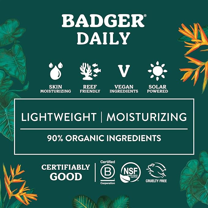 Badger Mineral Daily Sunscreen with Zinc Oxide, SPF 30, Lightweight & Easy to Apply w/No White Cast, Moisturizing Organic Sunscreen, Reef Safe, Vegan, Unscented, 4 fl oz