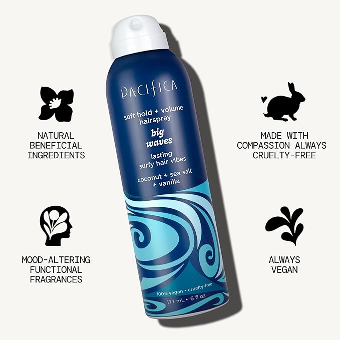 Pacifica Beauty Big Waves Coconut, Vanilla & Sea Salt Hairspray, Controls Frizz & Adds Volume, Designed for Wavy Hair, Vegan & Cruelty-Free, 6 Fl Oz