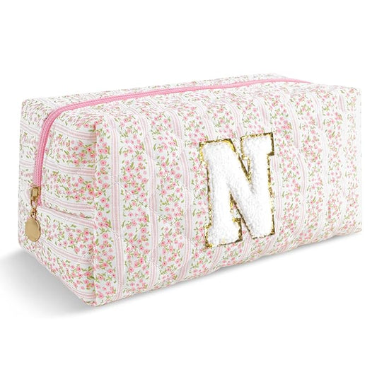 Personalized Quilted Cosmetic Bag, Puffy Monogrammed Christmas Birthday Gifts for Women & Girls, Cute initial Floral Makeup Bag Puffer Coquette Bag, Aesthetic Travel Toiletry Zipper Pouch(Pink,N)