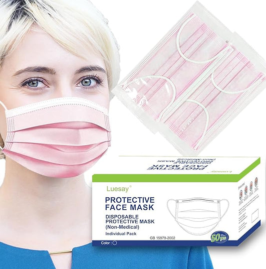 50PCS Disposable Masks Individually Packed 3-Layer Protection Suitable for Adults Elderly and Children.