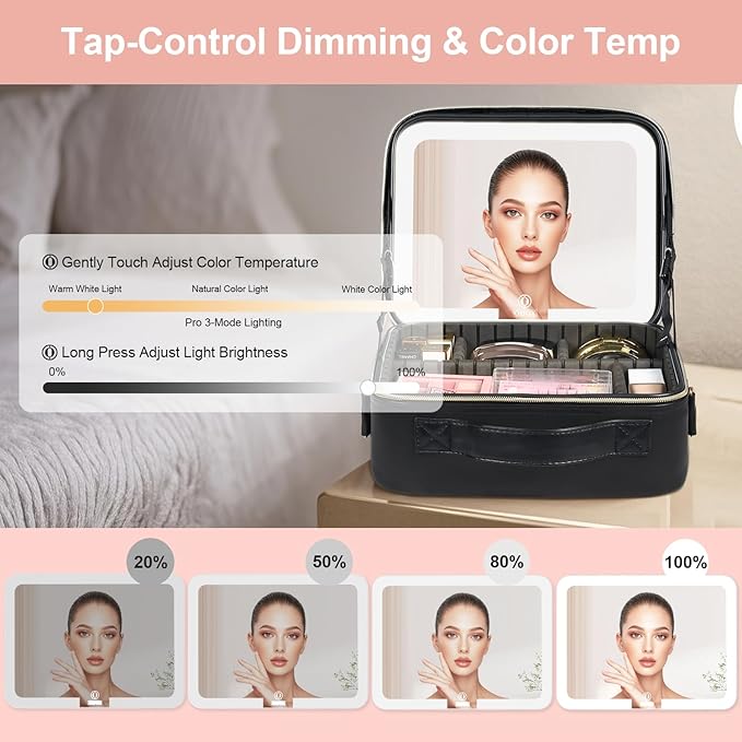 Makeup Case with LED Light Mirror, Professional Portable Travel Cosmetic Organizer Bah with Adjustable Dividers, USB Charging, Large Capacity, Ideal for Travel, Gift for Women Girls, Black