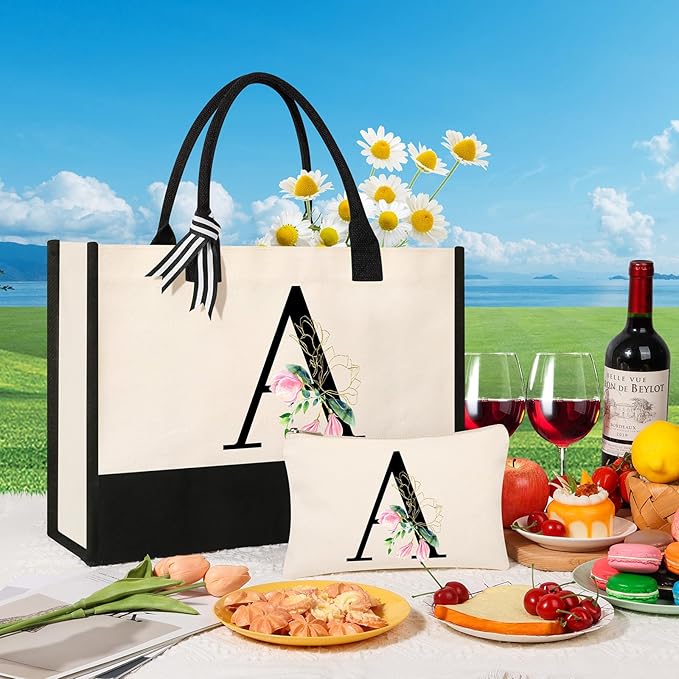 AYGE Personalized Initial Canvas Beach Tote, Monogrammed Gifts for Women, Makeup Bag, Birthday Gifts for Sister, Mom, Teacher, Bridesmaid (A)