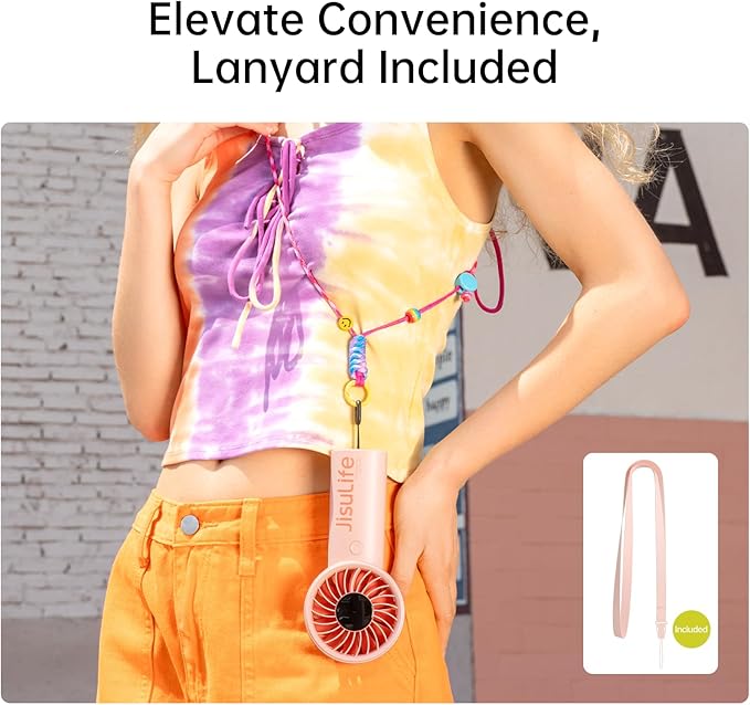 JISULIFE Handheld Portable Fan with Powerful Motor,LED Display,3600mAh Battery,5 Wind Speeds,Lanyard; Summer Essentials USB Rechargeable Hand held Fan for Travel,Beach,Makeup,Concerts-Pink