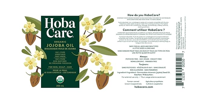 HobaCare Natural Organic Jojoba Oil for Hair, Skincare, Face, Body, Scalp, Nails, Beard Care, Skin Massage – Unrefined Carrier Oil – 100% Pure, Hexane Free, Moisturizing (8.45 oz)