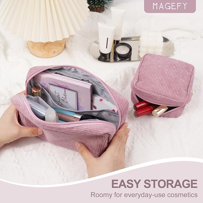 MAGEFY Small Makeup Bag for Purse Mini Cosmetics Bag Corduroy Cute Cosmetic Pouch for Women with Slip-in Pockets
