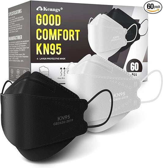 Keangs KN95 Face Masks 60 Pack, Breathable Protective Disposable Mask For for Adults And Teens, Black/White
