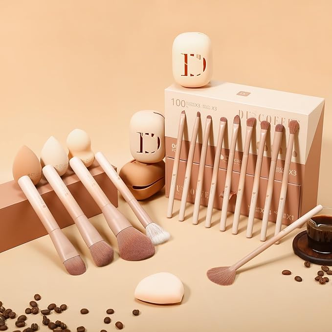 DUcare Makeup Brushes Set 14Pcs Coffee Series Makeup Brush set with Makeup Sponges Gifts Foundation Blending Face Powder Blush Eye Shadows Brushes