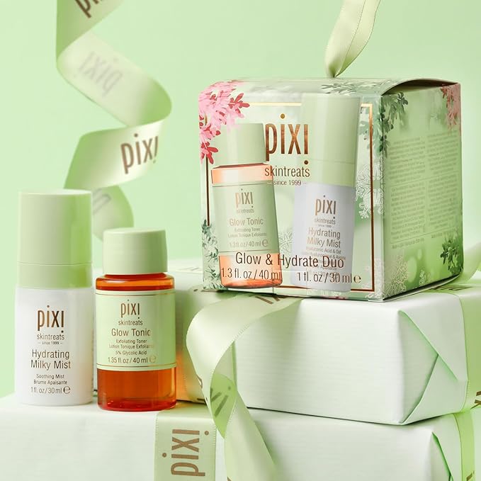 Pixi Beauty Glow Tonic + Hydrating Milky Mist Duo Ornament | Gift Set Contains Petite Sizes of Glow Tonic and Hydration Milky Mist in Holiday Ornament Box