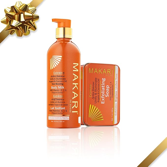 MAKARI Extreme Argan & Carrot Seed Oil Skin Toning 2 Piece Gift Set | Exfoliating Soap & Tone Boosting Body Lotion Ideal for All Types, Botanical Self Skin Care Kit with Free Makeup Bag