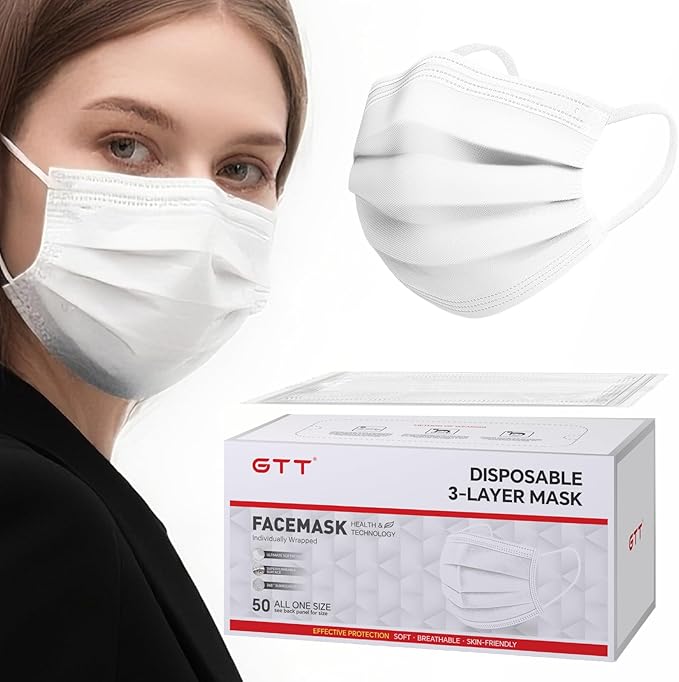 GTT ASTM Level 3 Highly Protective Disposable 3 Ply Face Masks with Individual Packaging, Breathable & Comfortable Mask