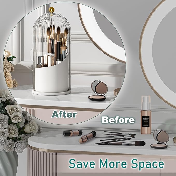 GAXmi Makeup Brush Holder with Lid Cosmetic Tools Organizer 360 Rotating Waterproof Dustproof Makeup Brushes Storage for Vanity, Grey