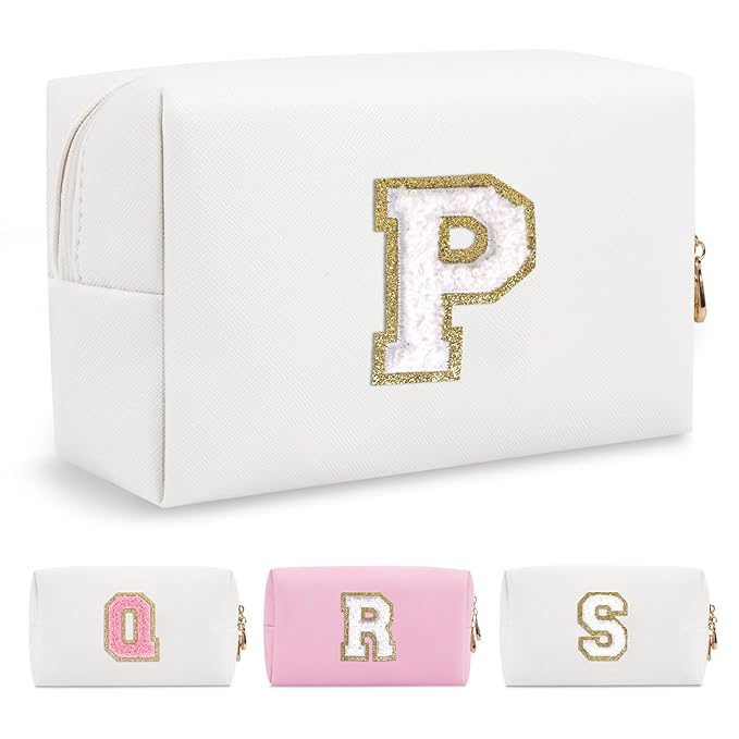 Small Personalized Initial A-Z Preppy Patch Makeup Bag,White PU Chenille Letter Travel Cosmetic Pouch with Zipper,Cute Toiletry Bag,Gift Ideal for Teen Girls Women Teacher Bridesmaid,Letter P