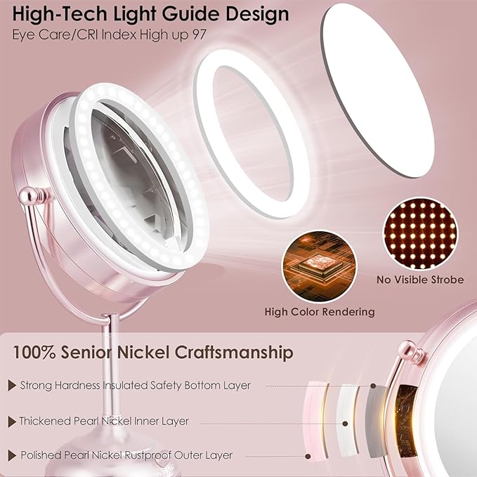 VESAUR Lighted Makeup Mirror Rose Gold Nickel, Double Sided 1X/10X HD Undistorted Magnifying Mirror, 8.5" Vanity Mirror with 3 Colors Dimmable 90 Bright LEDs, 360°Swivel Two Power Supply, Luxury Gifts
