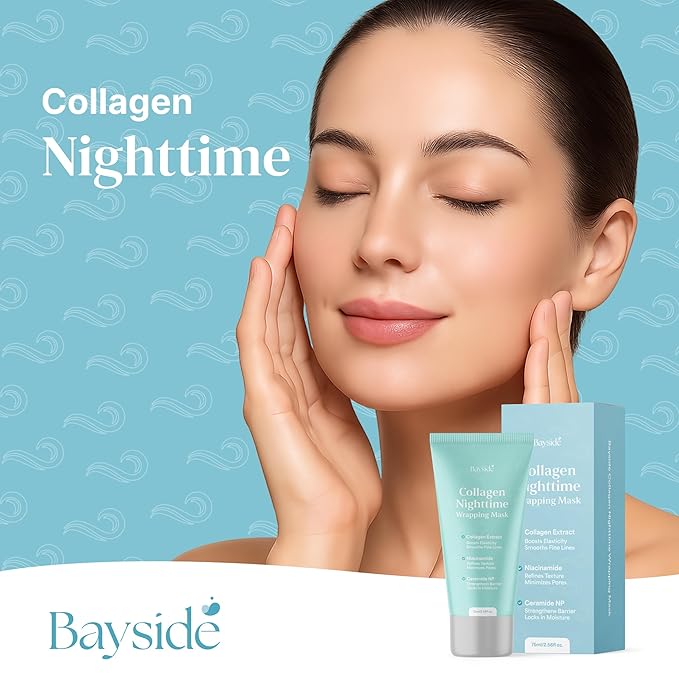 Bayside Collagen Nighttime Wrapping Mask | Overnight Face Mask with Collagen, Niacinamide & Ceramide NP | Hydrating Peel Off Face Mask for Firm, Smooth & Radiant Skin | Facial Skincare for Women, 75ml