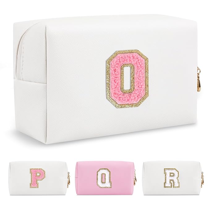 Personalized Makeup Bag Initial A-Z Preppy Patch Bag,Small PU Leather Travel Cosmetic Bag Pouch with Zipper,White Cute Toiletry Bag,Gift Ideal for Teen Girls Women Birthday Friend Mom,Letter O