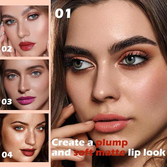 4Pcs Matte Lipstick Set for Women, Warm Pink Coral Red Purple Dark Red Lipsticks Lip Balm, Long Lasting Waterproof Transfer-Proof Vegan Lip Gloss Beauty Products Makeup All-Day Formula SetA01