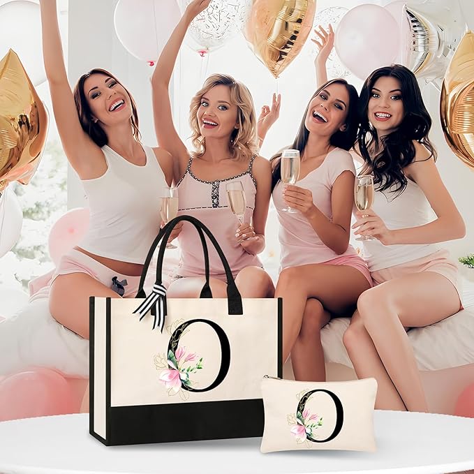AYGE Personalized Initial Canvas Beach Tote, Monogrammed Gifts for Women, Makeup Bag, Birthday Gifts for Sister, Mom, Teacher, Bridesmaid