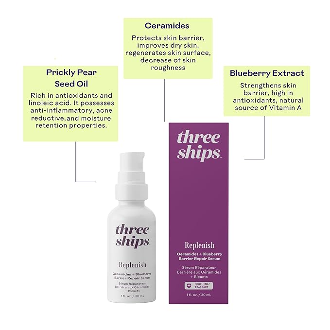 Three Ships - Replenish Ceramides + Blueberry Barrier Repair Serum | Hydrate, Soothe, Nourish Skin | Cruelty-Free, Vegan, Paraben-Free, Sensitive Skin Safe (1 fl oz | 30 mL)