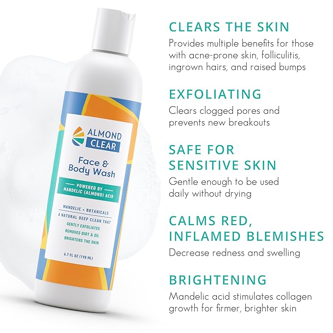 Almond Clear Face & Body Wash | Skin Care for Acne and Folliculitis-Prone Skin - Gentle Acne Face & Body Wash, Exfoliating Cleanser with Mandelic Acid | 17.25 oz