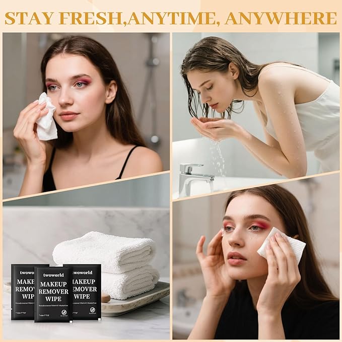 Makeup Remover Wipes Bulk Individually Wrapped,Travel Makeup Wipes Gentle for Face Cleansing Mascara Lipstick Travel Hotel（black,pack of 100)