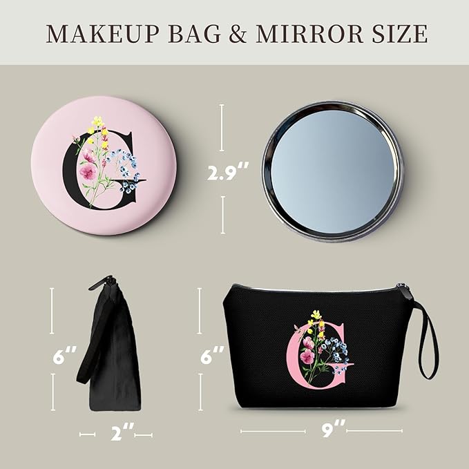 SEAMOON Women Birthday Unique Initial Funny Gifts for Teenage Girl Sister Friends Bridesmaid Personalized Travel Make up Cosmetic Bag with Mirror Valentines Mothers Day Christmas Graduation G