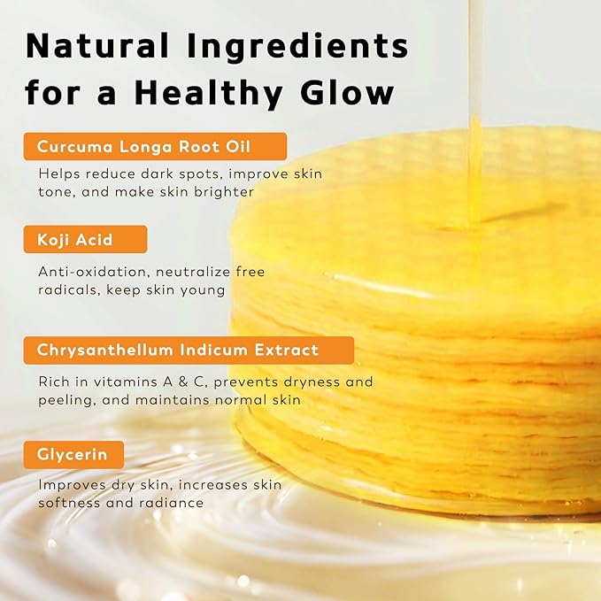Turmeric Kojic Acid Cleansing Pads, 50 PCS Turmeric Pads for Face Dark Spots Cleansing & Exfoliation