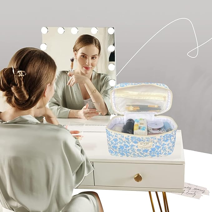 Blue Large Quilted Floral Makeup Bag Cute Soft Coquette Aesthetic Cosmetic Bag Cotton Travel Toiletry Bag for Women