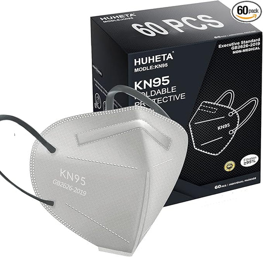 HUHETA KN95 Face Mask 60 PCs, 5-Ply Safety Masks for Men and Women, Filter Efficiency Over 95% (Grey Mask)