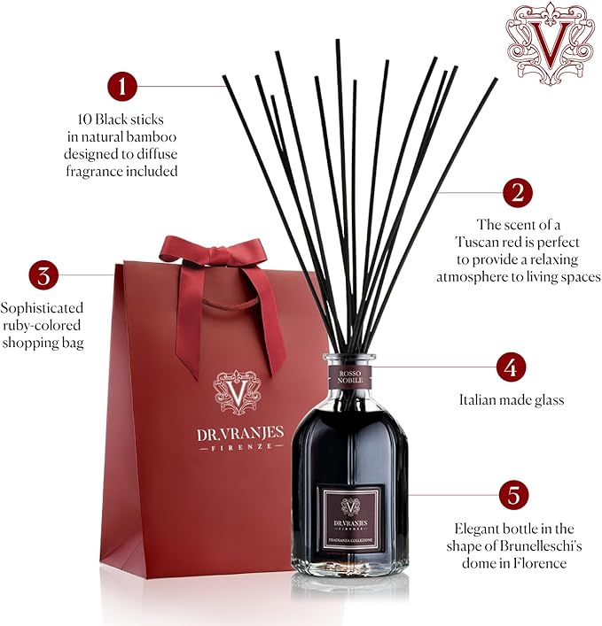 Dr. Vranjes - Rosso Nobile 250 ml Reed Diffuser + Elegant Shopping Bag, Luxury Home Fragrance, Fruity Notes of Red Wine, Orange, and Berries, Relaxing Atmosphere, Made in Italy