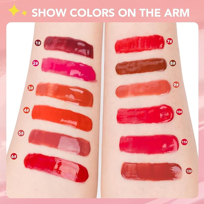 Dmsky 12 Pack Lip Gloss Set, 12 Colors Lip Oil for Dry Cracked Lips, Moisturizing Lip Balm Infused with Vitamin E for a Sheer Tint Of Color