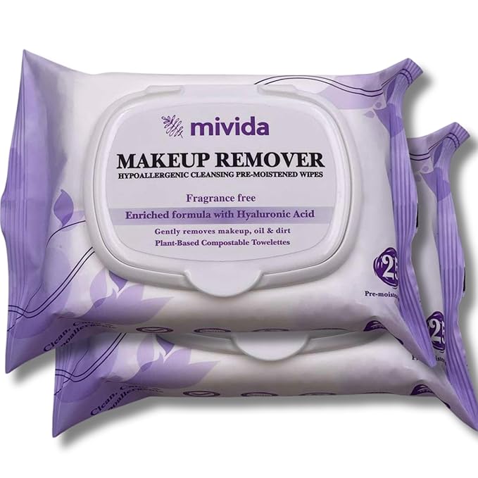 mivida Hypoallergenic Makeup Remover Wipes | 2 Pack of 25 Count | Biodegradable Facial Cleansing Makeup Remover Face Wipes with Hyaluronic Acid, Fragrance Free, Alcohol Free, Plant Based Wipes