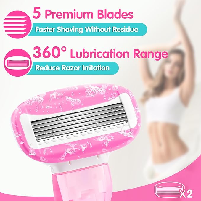 DreamGenius Travel Razors for Women, Travel Size Toiletries Include 1 Handle and 2 Cartridges, Extra Smooth 5-Blade Travel Essentials Razor with Case for Shaving, Pink