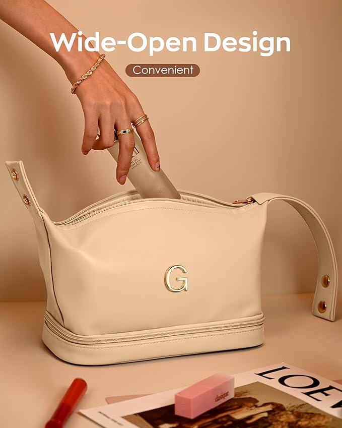 Initial Makeup Bag, Personalized Bags with Handle, Waterproof Double Layer Cosmetic Bag, Large Capacity PU Leather Makeup Bags Letter Travel Toiletry Bag with Makeup Brush Organizer