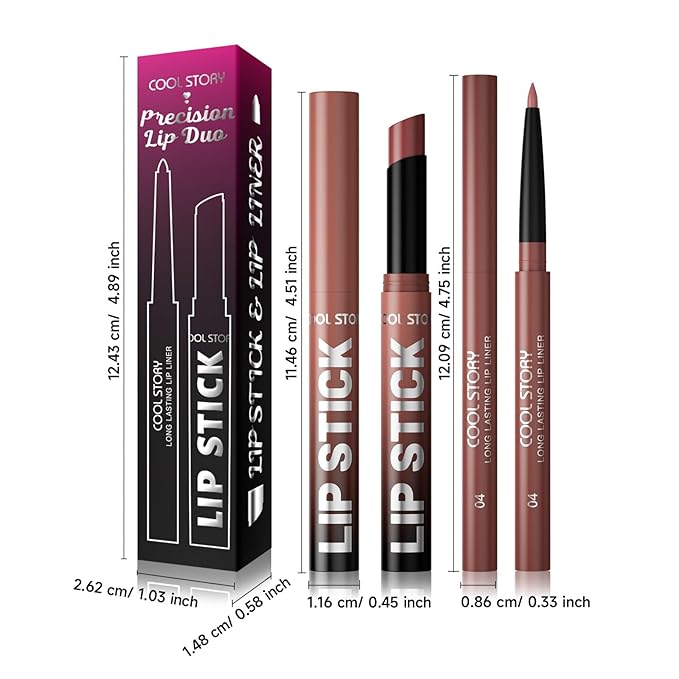 COOL STORY 2 Piece Lip Liner and Lipstick Set, Long Lasting Formula, Professional Makeup Kit (04)