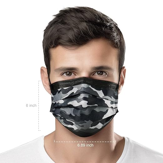 CSD Colo 30 Pcs Black Camo Disposable Face Masks, 3 Ply Adult Mask with Elastic Ear Loop, Nose Bridge Clip, Breathable Comfortable Mask Great for Indoor, Outdoors Use (Shadow Black Camo)