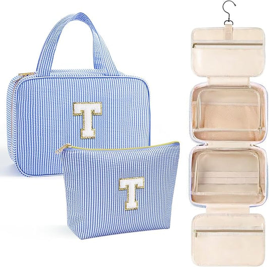 YOOLIFE Hanging Toiletry Bag for Women - Travel Toiletry Bag Makeup Bag, Portable Toiletries Cosmetic Bag, Airplane Travel Essentials - Letter T, Blue