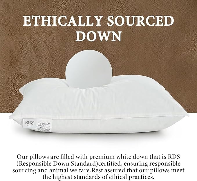BHZ Goose Down Feather Pillows Queen Size - Hotel Collection Bed Pillows for Sleeping Soft Pillow for Side and Back Sleepers with 100% Cotton Fabric