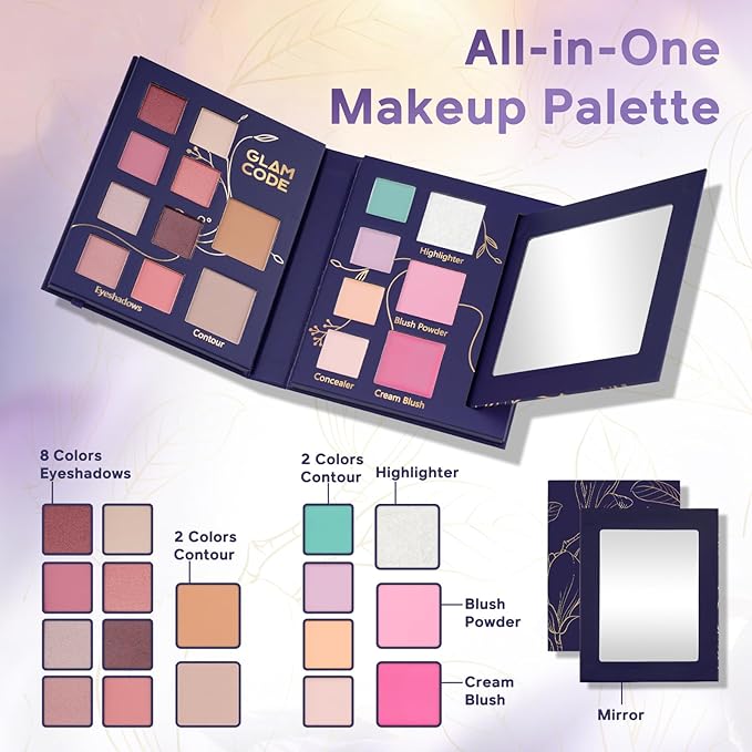 Glam Code Makeup Palette for Face, All in One Cosmetics Pallet for Women & Girls, Travel Size Make Up Palette Includes Eyeshadow, blush, Highlighter, Contour Powder, Concealer & Mirror, 02