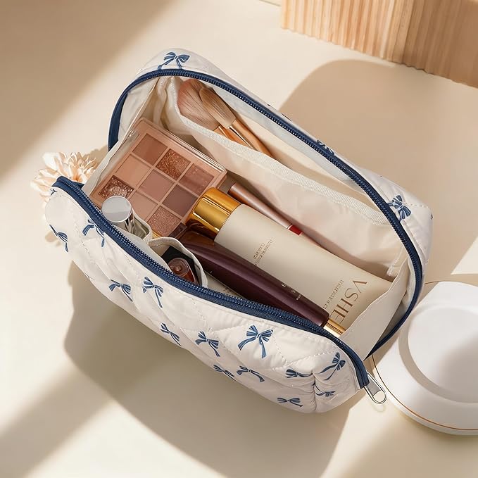 TOPEAST Travel Makeup for Women Girl, 3Pcs Large Cute Quilted Make up Bag Organizer for Purse, Portable Big Cosmetic Brush Pouch with Zipper Compartment, Blue Bow
