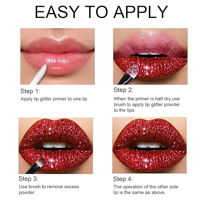 KYDA 3 Colors Glitter Lip Kit, Diamond Metllic High Pigmented Powder for Lips Cosmetics, Glitter Lips Makeup,with Lip Primer and Brush, Long Wear-Set D