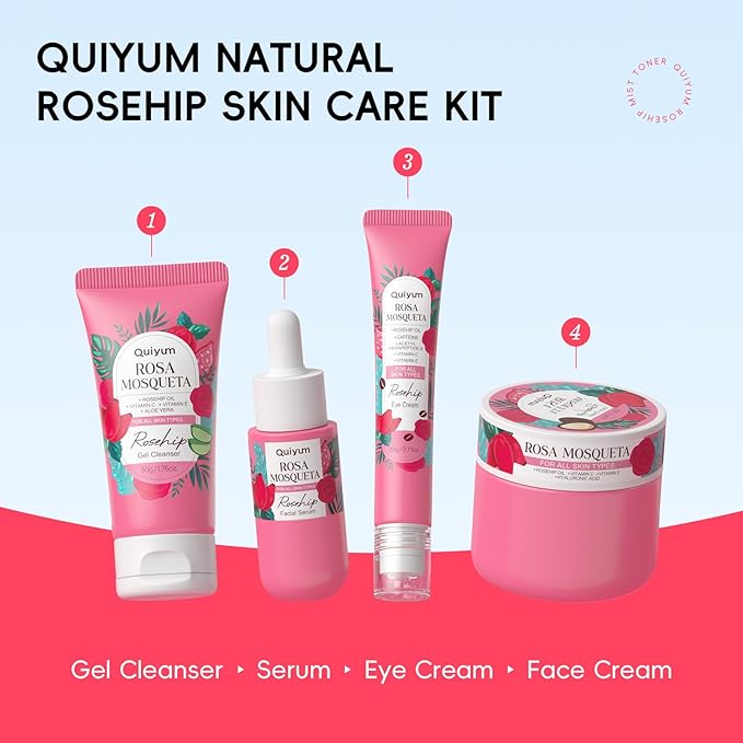 Rosehip Skin Care Sets for Women, Nourishes, Resists Oxidation, Promotes Collagen Production, Refine skin texture, Enhances Skin Elasticity, Korean Style Skincare Gift Se, Travel Set 4PCS