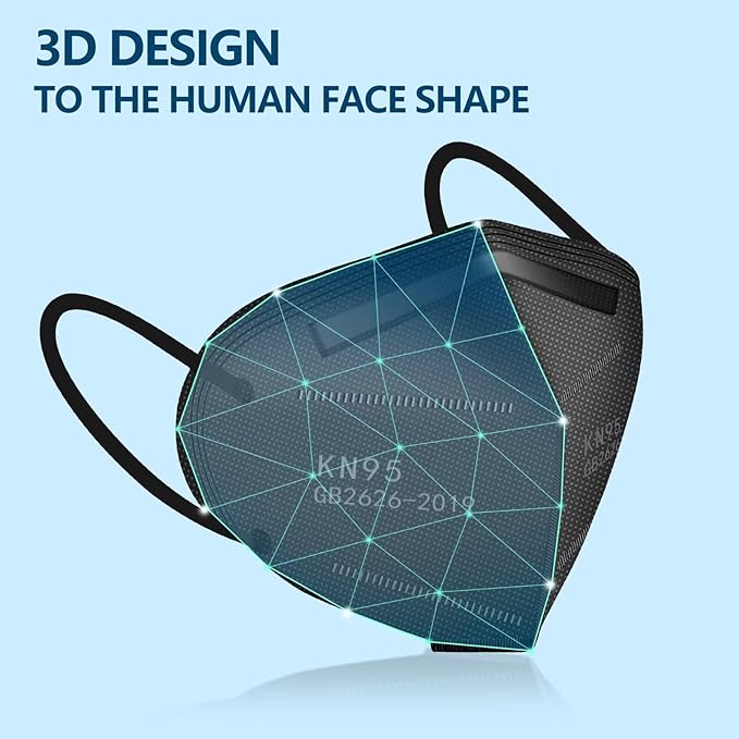50PCS KN95 Face Masks Black 5 Layer Cup Dust Safety Filter Efficiency≥95% with Elastic Ear Loops and Nose Bridge Clip Breathable Mask