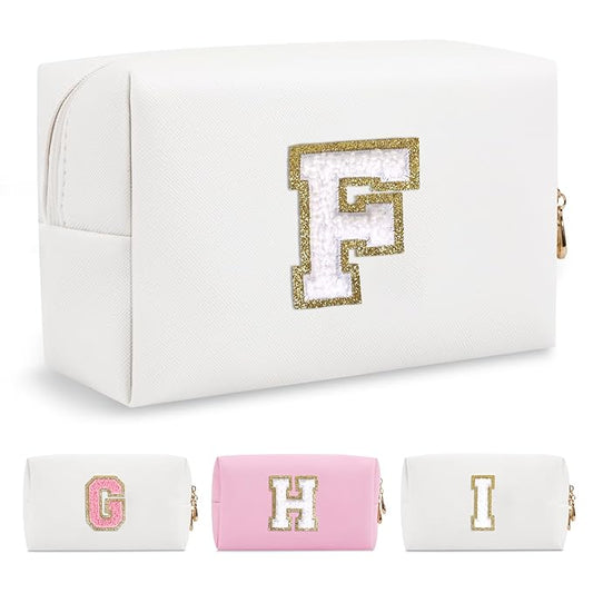 Small Personalized Initial A-Z Preppy Patch Makeup Bag,White PU Chenille Letter Travel Cosmetic Pouch with Zipper,Cute Toiletry Bag,Gift Ideal for Teen Girls Women Teacher Bridesmaid,Letter F
