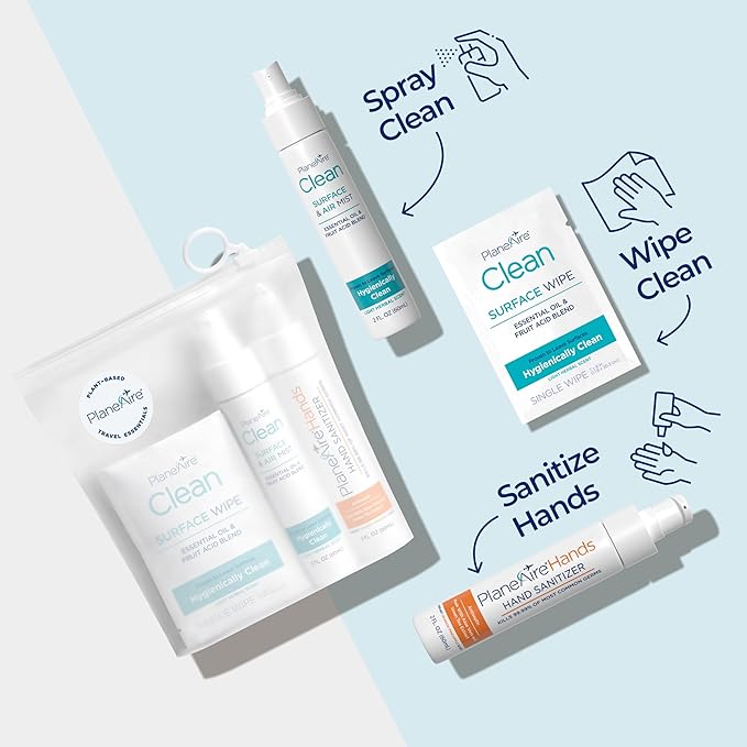 Travel Essentials | Hygiene Kit | Travel Toiletry Kit | Travel Size | Gel Hand Sanitizer Orange Pineapple Scent | Surface Wipes | Individual Travel Wipes | Surface Cleaner | Made with Essential Oils