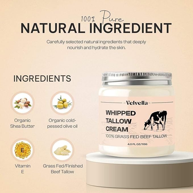 Beef Tallow for Skin - 100% Organic Grass-Fed Tallow Whipped Moisturizer | Unscented, Face + Body, 4 FL. oz Natural Nourishment