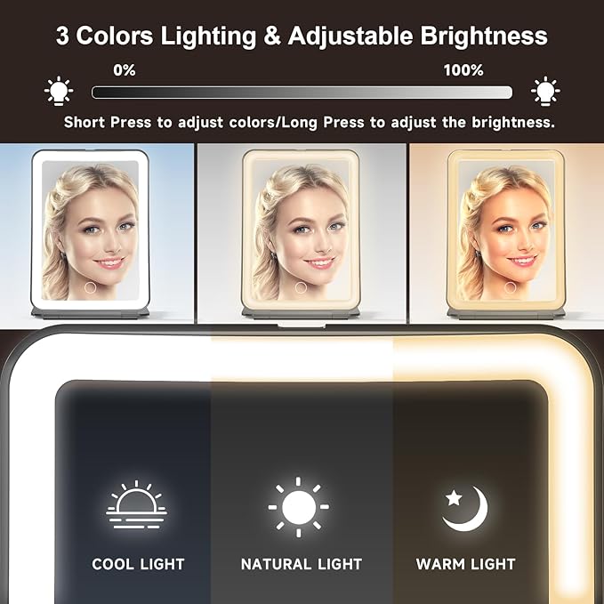 Mocado Travel Makeup Mirror with Light, 1x/10x Magnifying Mirror with Light, 3 Colors Lighted Magnifying Mirror, 2000mAh Rechargeable Lighted Makeup Mirror, Dimmable Touch, Memory Function (Black