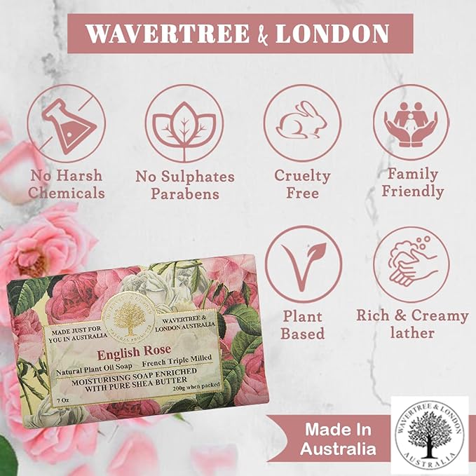 Wavertree & London English Rose Scented Natural Soap Bars for Women & Men (2 x 7oz) – Moisturizing Triple-Milled Soap Bars Enriched with Shea Butter – Plant-Based Bath & Body Bar for All Skin Types