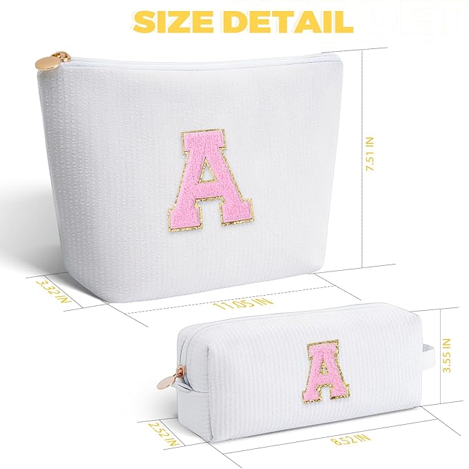 Makeup Bag Set Initials Cosmetic Bag,Gifts for 10 11 12 13 14 15 16 17 18 Years Old Girl Girlfriend Teen Girls Gift Trendy Stuff Personalized Toiletry Bag Travel - White,A