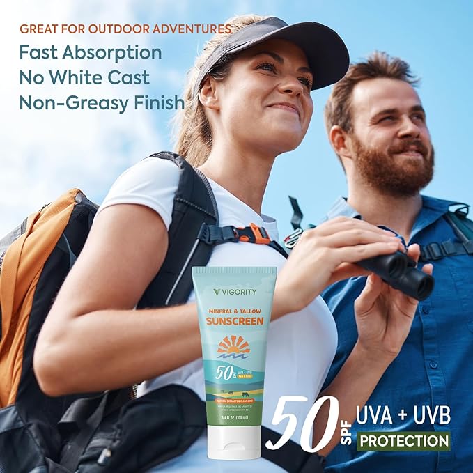 Beef Tallow Sunscreen with Zinc Oxide: Natural Non-Toxic SPF 50 Tallow Sunblock Cream for Face & Body - with 10 Food-Grade Botanical Extracts - Kids & Sensitive Skin Safe, Water-Resistant - 3.4 FL OZ